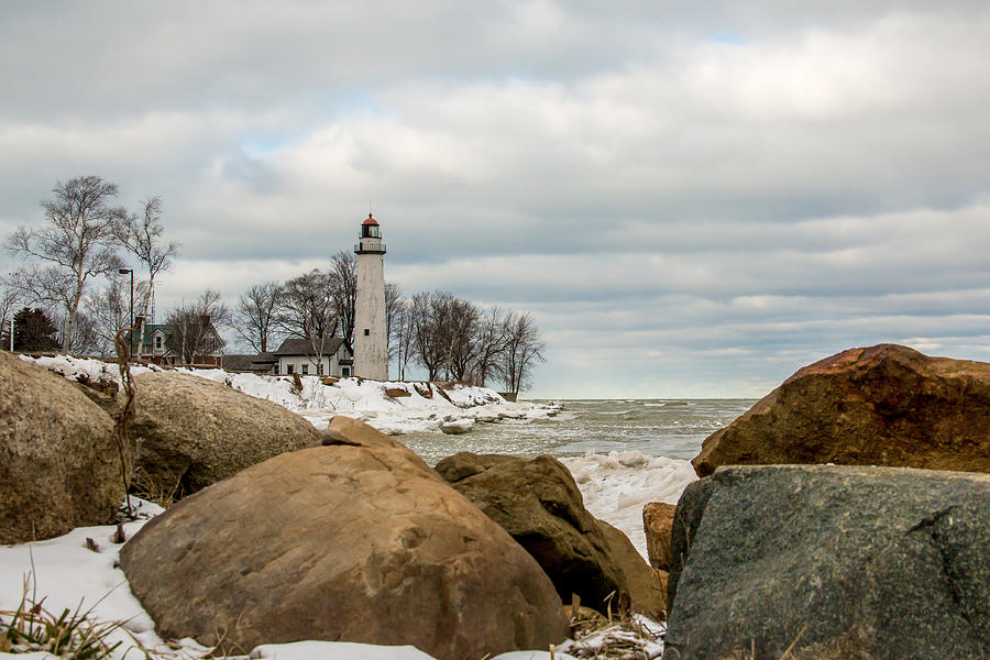 Winter Photograph - Pointe Aux Barques Lighthouse - Rocky Shorline Landscape by Tricia Bagnell