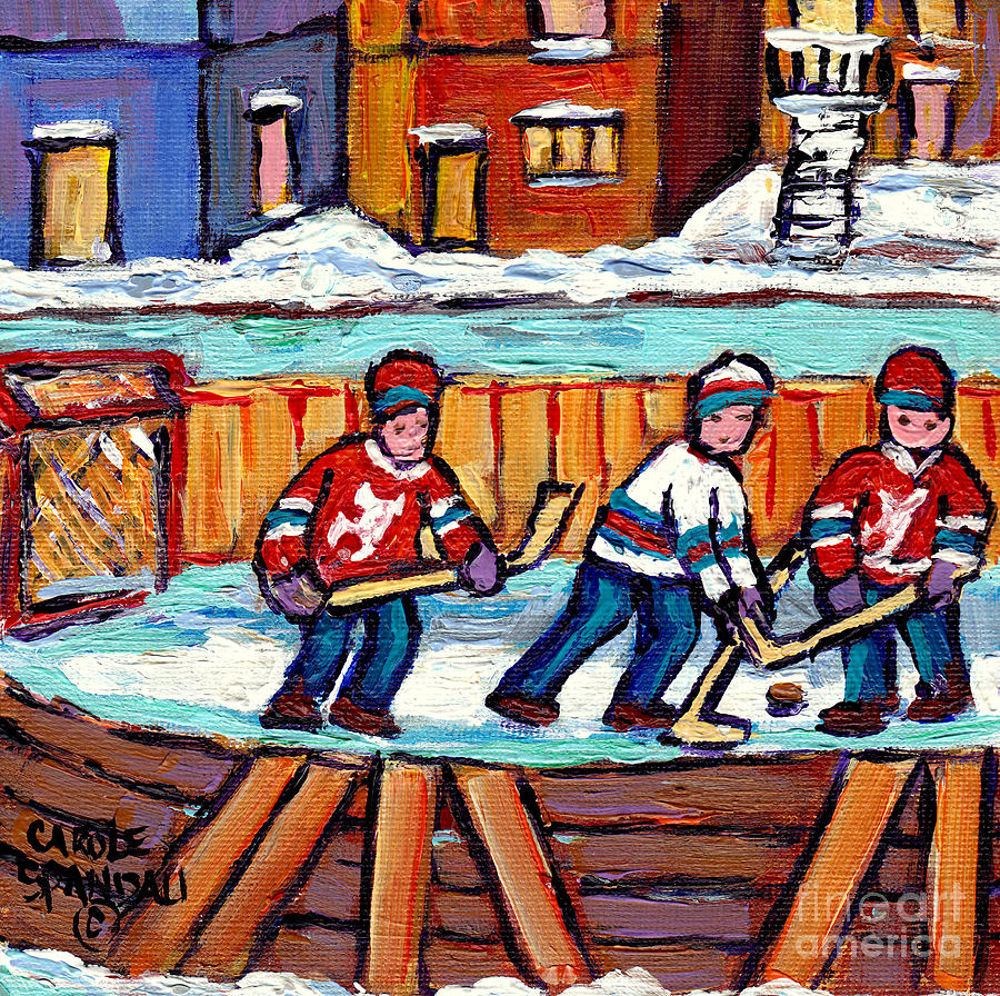  Outdoor Hockey Rink Painting  Devils Vs Rangers Sticks And Jerseys Row House In Winter C Spandau Painting by Carole Spandau