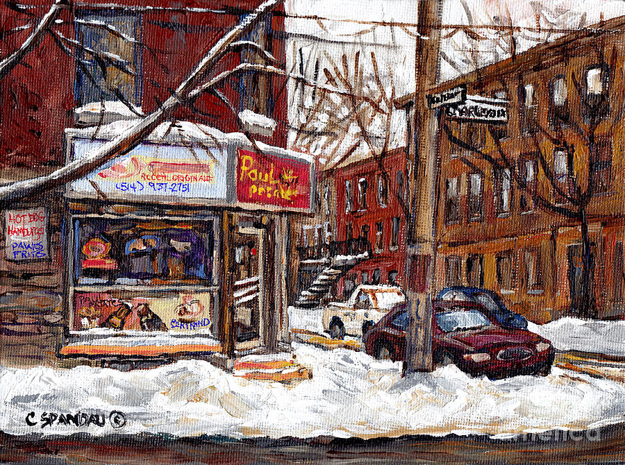 Montreal Painting - Pointe St Charles Montreal Winter Scene Painting Paul Patates Restaurant At Coleraine And Charlevoix by Carole Spandau