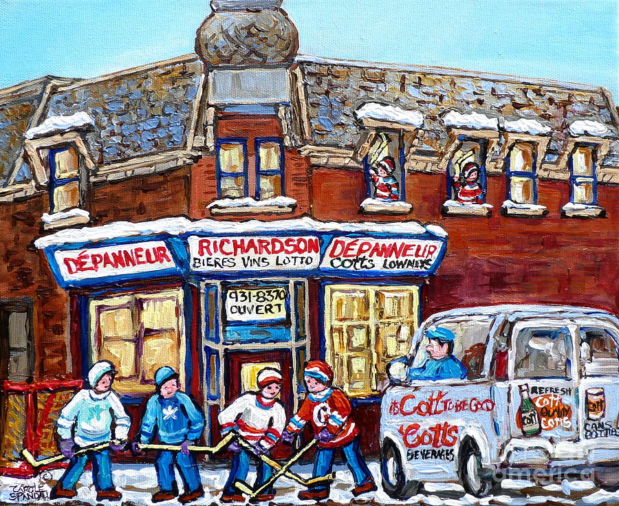 Hockey Painting - Pointe St Charles Paintings Hockey Game At Richardson Depanneur With Vintage Cotts Truck Montreal  by Carole Spandau