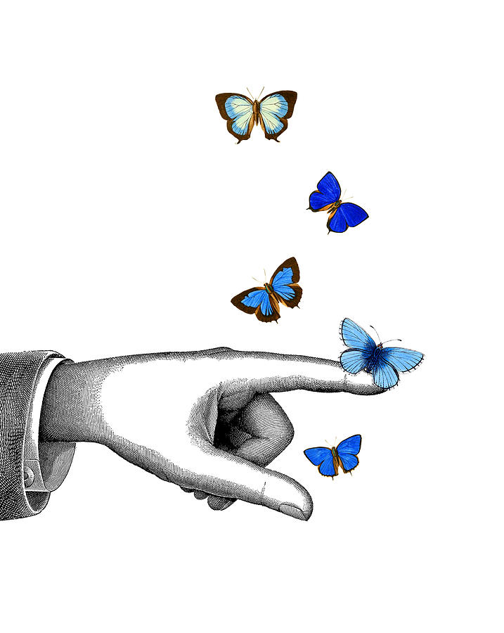 Pointing Finger With Blue Butterflies Digital Art By Madame Memento 