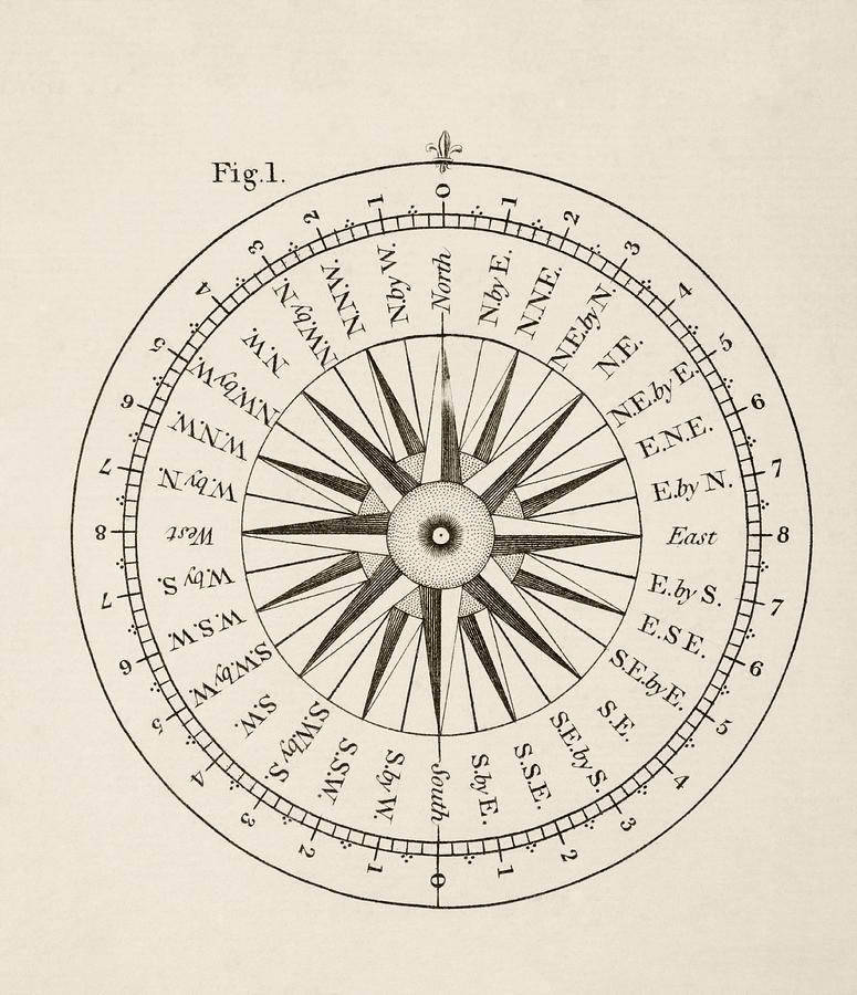 Cardinal Drawing - Points Of The Compass. From A 19th by Vintage Design Pics