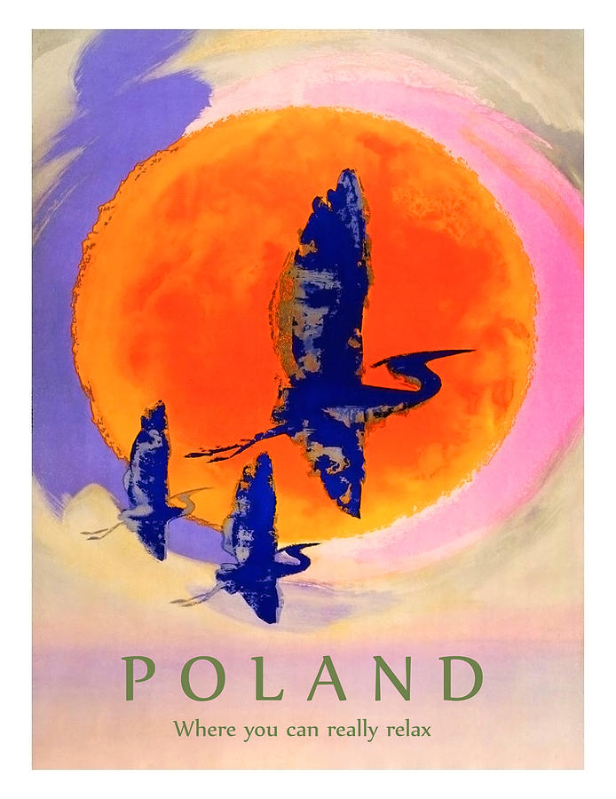 Vintage Painting - Poland, flying storks on the sun, travel poster by Long Shot