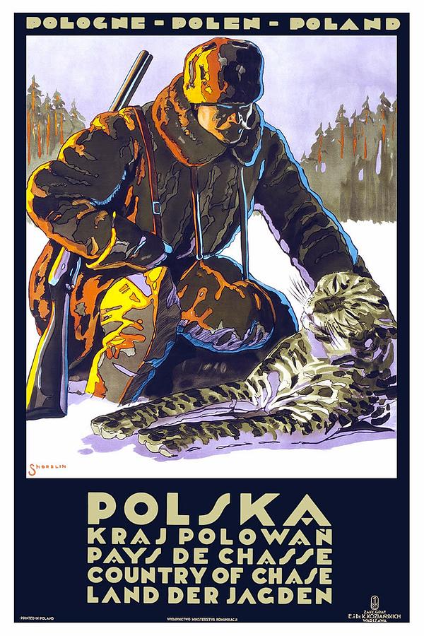 Polska Kraj Polowan, Poland - Hunter with Lynx - Retro travel Poster - Vintage Poster Mixed Media by Studio Grafiikka