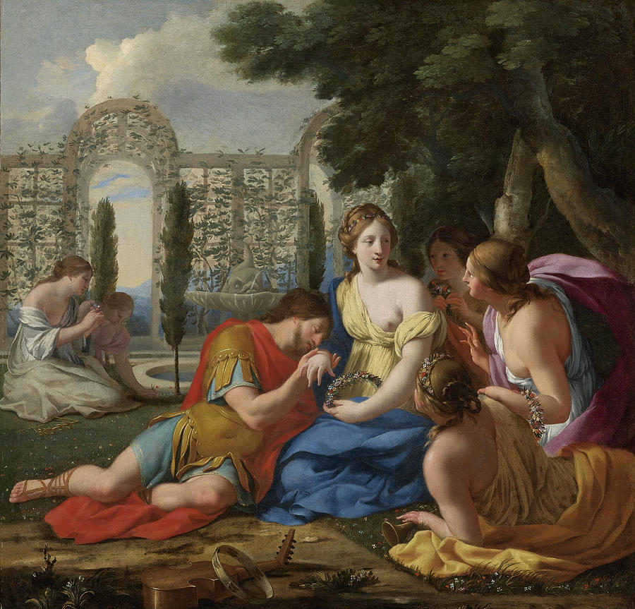 Polyphilus and Polia accompanied by Nymphs on Island of Cythera Painting by Eustache Le Sueur