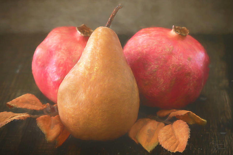 Pomegranates and a Pear Mixed Media by Teresa Wilson