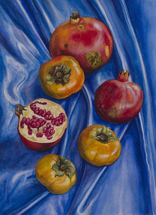 Pomegranates and persimmons on blue silk Painting by Yuliya Glavnaya