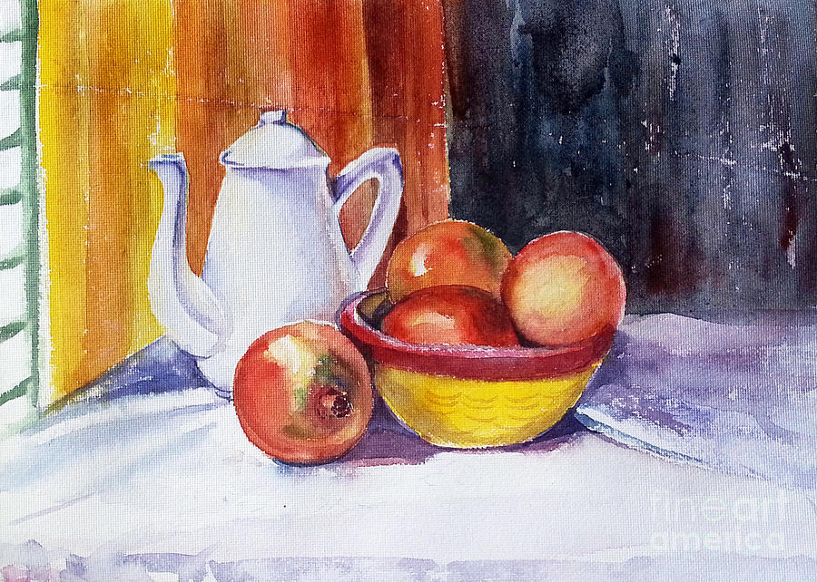 Pomegranates and Tea-pot Painting by Asha Sudhaker Shenoy