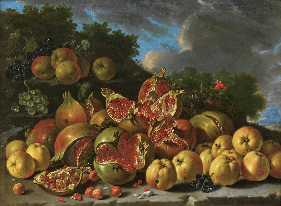 Fruit Painting - Pomegranates, Apples, Haws And Grapes In A Landscape by Melendez Luis Egidio