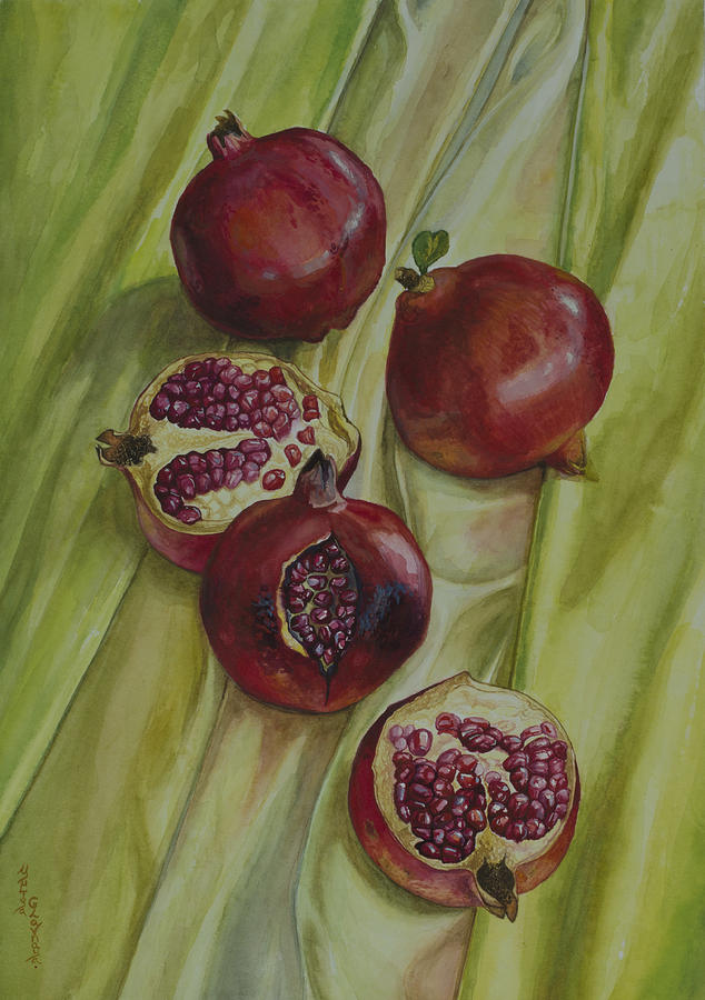 Pomegranates on green yellow silk Painting by Yuliya Glavnaya