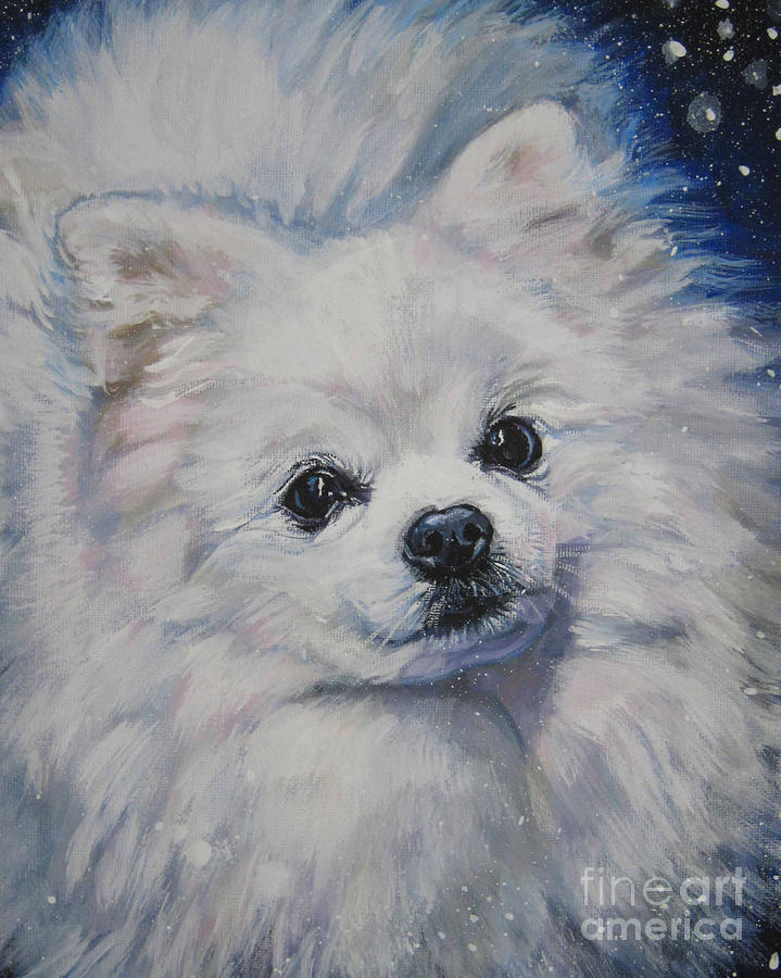 Christmas Painting - Pomeranian in snow by Lee Ann Shepard
