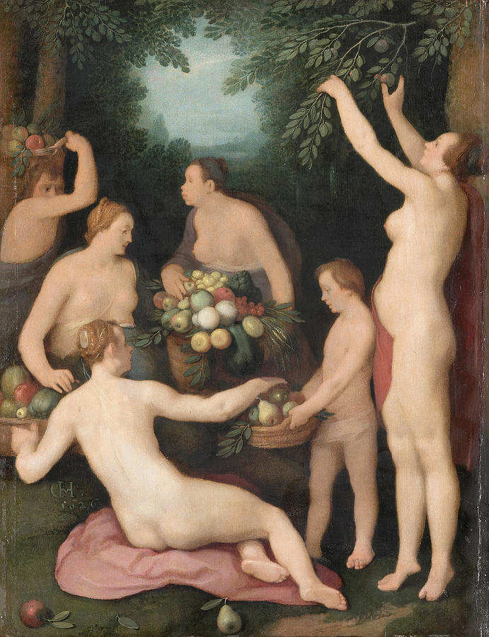 Pomona receiving the harvest of fruit Painting by Cornelis van Haarlem