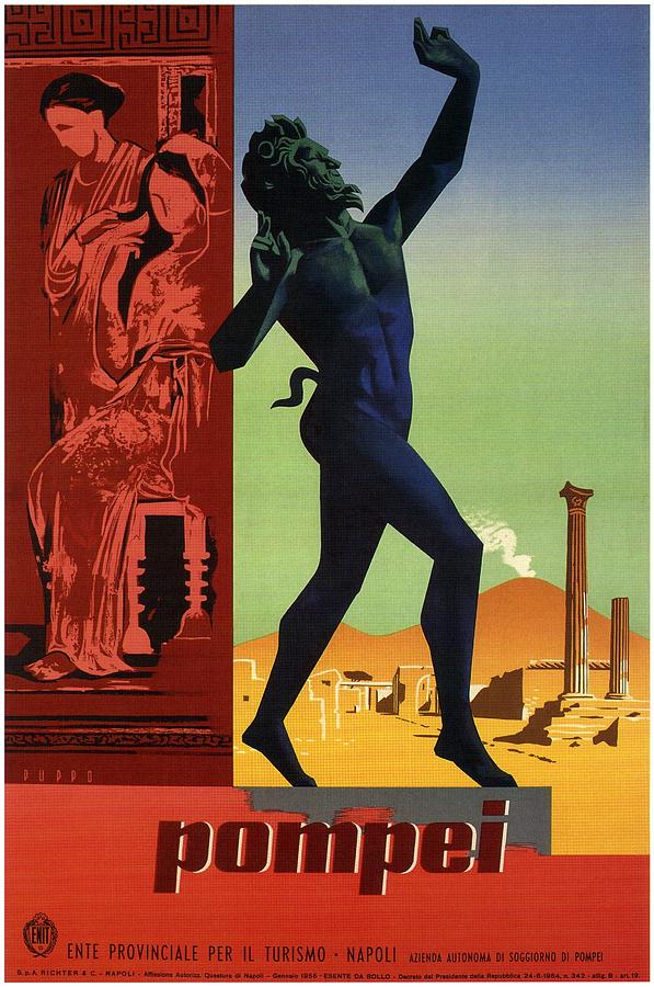 Pompei - City Of Naples, Italy - Statue Of A Dancing Faun - Retro Travel Poster - Vintage Poster Mixed Media
