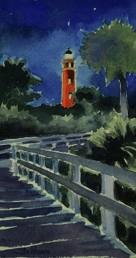 Ponce Inlet Lighthouse before dawn 7-5-17 Painting by Julianne Felton