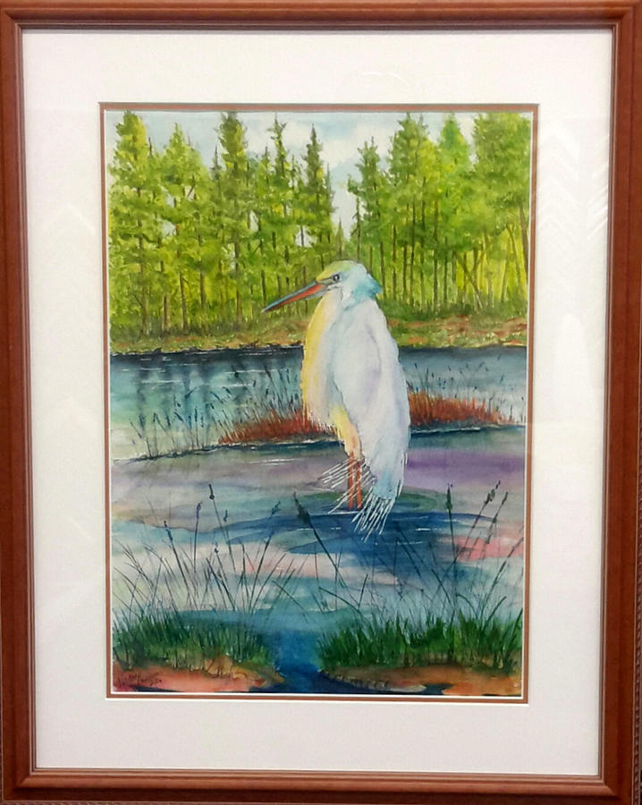 Pond and Egret Framed Painting by Richard Benson