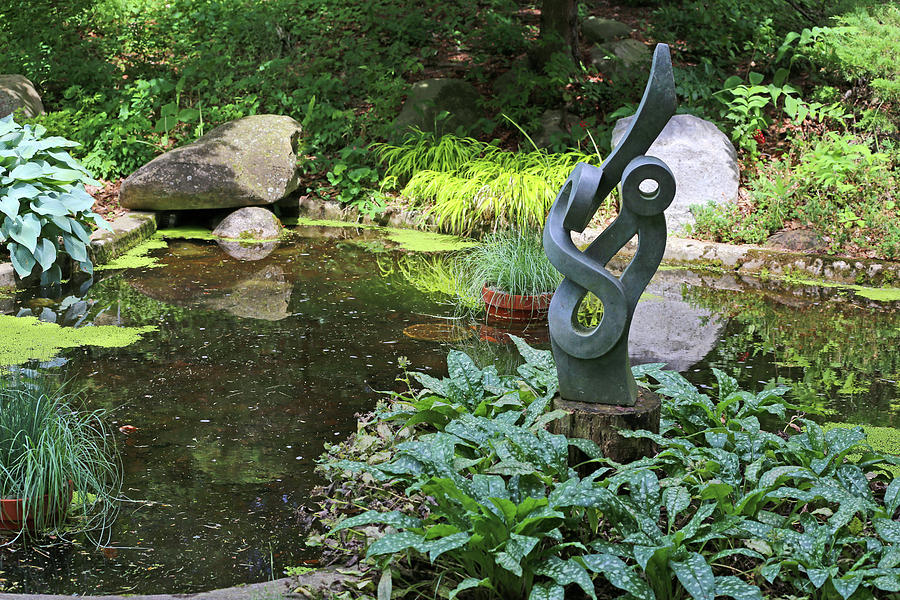 Pond and Sculpture Dow Gardens 062618 Photograph by Mary Bedy