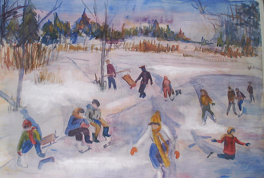 Pond Eddy Skating Painting by Joyce Kanyuk