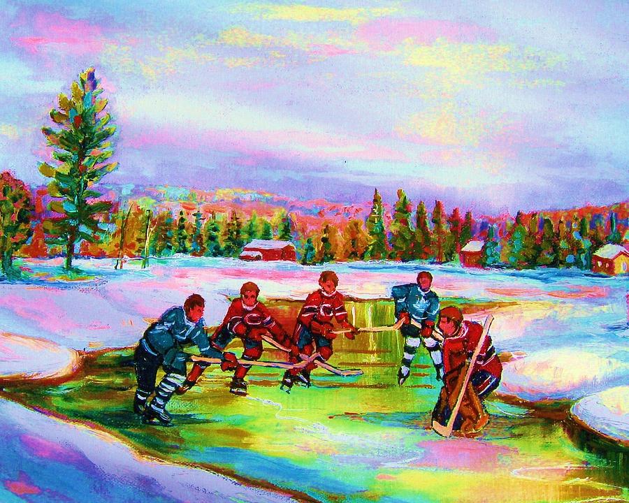 Hockey Painting - Pond Hockey Blue Skies by Carole Spandau