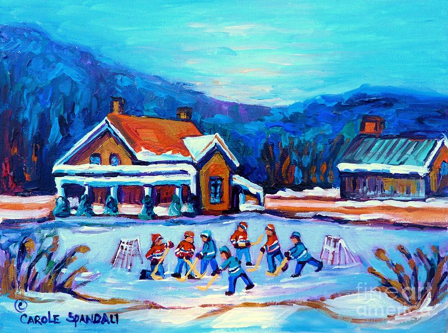 Hockey Painting - Pond Hockey Painting Canadian Art Original Winter Country Landscape Scene Carole Spandau    by Carole Spandau