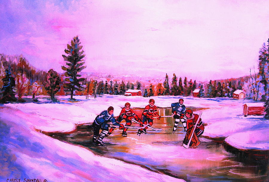 Pond Hockey Warm Skies Painting by Carole Spandau