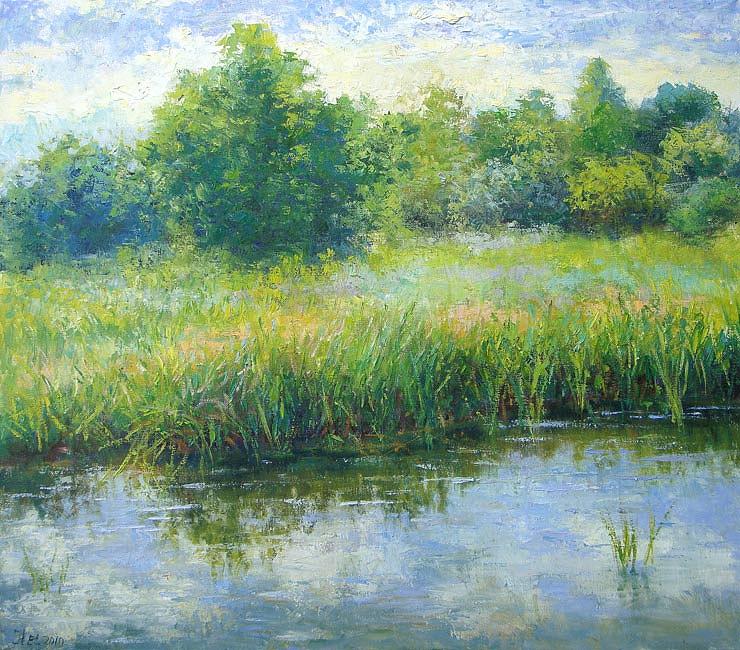 Pond reflections Painting by Julia Lesnichy