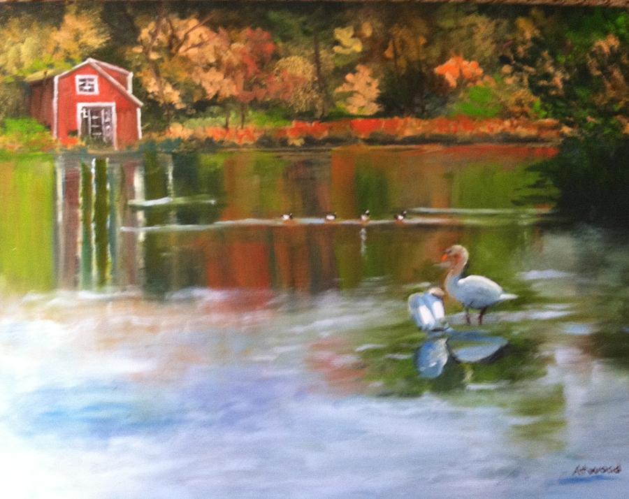Swans Painting - Pond Reflections by Lynne Atwood Swans Painting - Pond Reflections by Lynne Atwood
