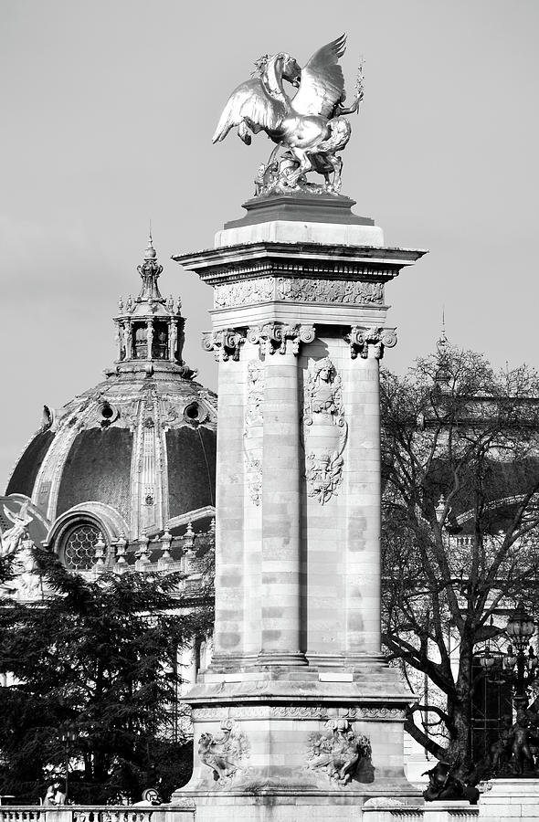 Pont Alexandre III Bridge Column and Dome of Petit Palais Paris France Black and White Photograph by Shawn OBrien