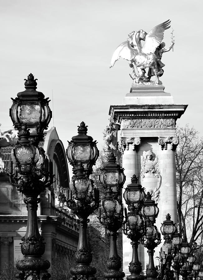 Pont Alexandre III Bridge Gilded Column and Ornate Lamps Paris France Black and White Photograph by Shawn OBrien