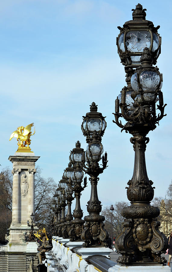 Pont Alexandre III Bridge Lamp Posts and Gilded Column Pegasus Paris France Photograph by Shawn OBrien