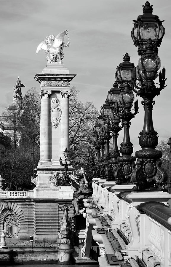 Pont Alexandre III Bridge Vintage Light Posts and Gilded Column Paris France Black and White Photograph by Shawn OBrien