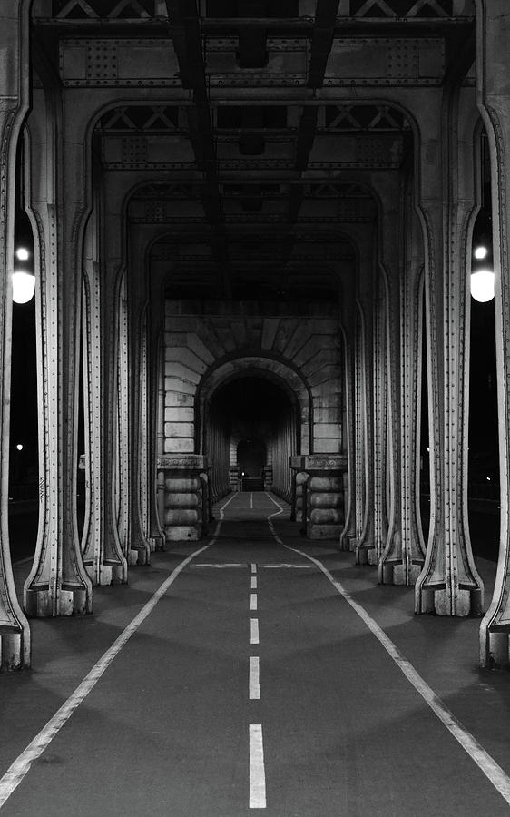 Pont de Bir Hakeim Night Bike Path Vanishing Point Perspective Inception Movie Bridge Black and Whit Photograph by Shawn OBrien