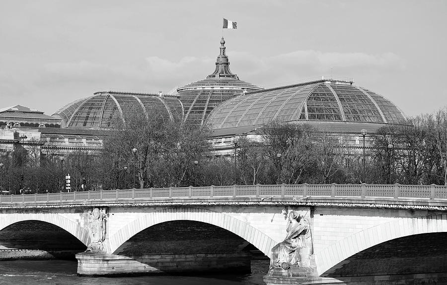 Pont Des Invalides in front of Glass Roof of Beaux Arts Grand Palais Paris France Black and White Photograph by Shawn OBrien
