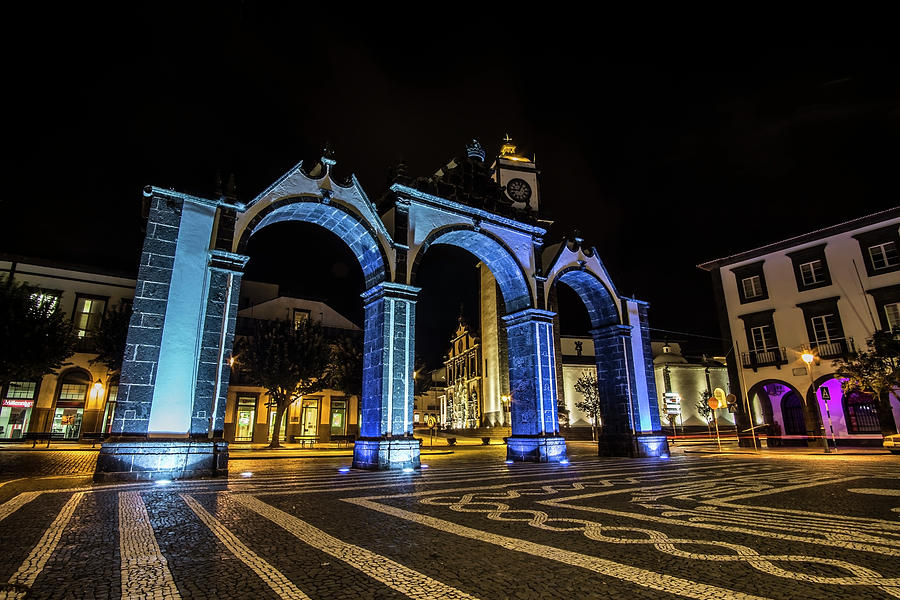 Ponta Delgados iconic three arches at night Photograph by Sven Brogren