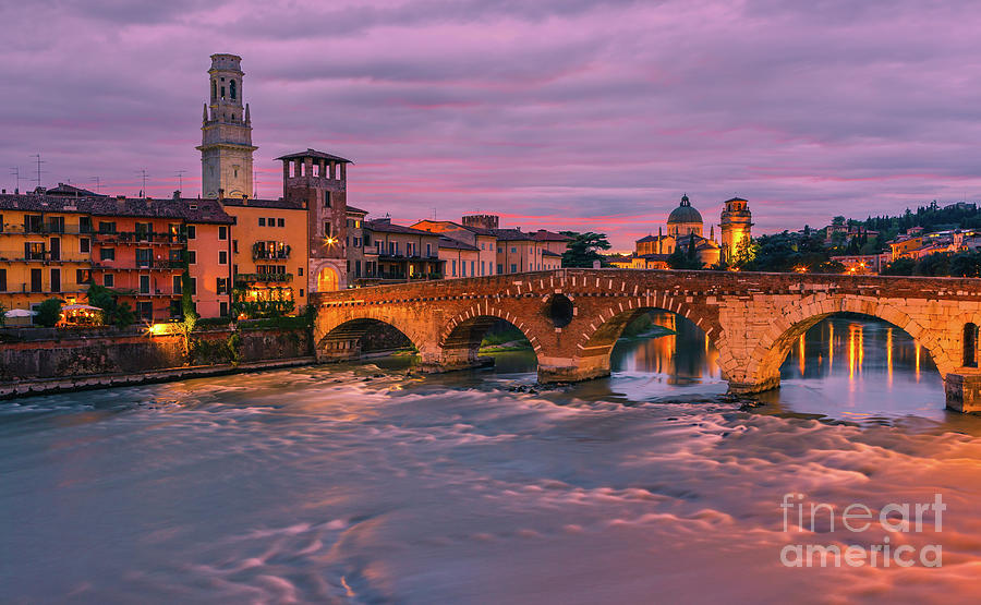 Ponte Pietra bridge in Verona at sunset Photograph by Henk Meijer Photography