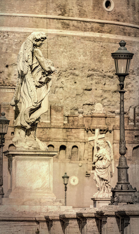 Vintage Photograph - Ponte SantAngelo Statues Rome Italy by Joan Carroll