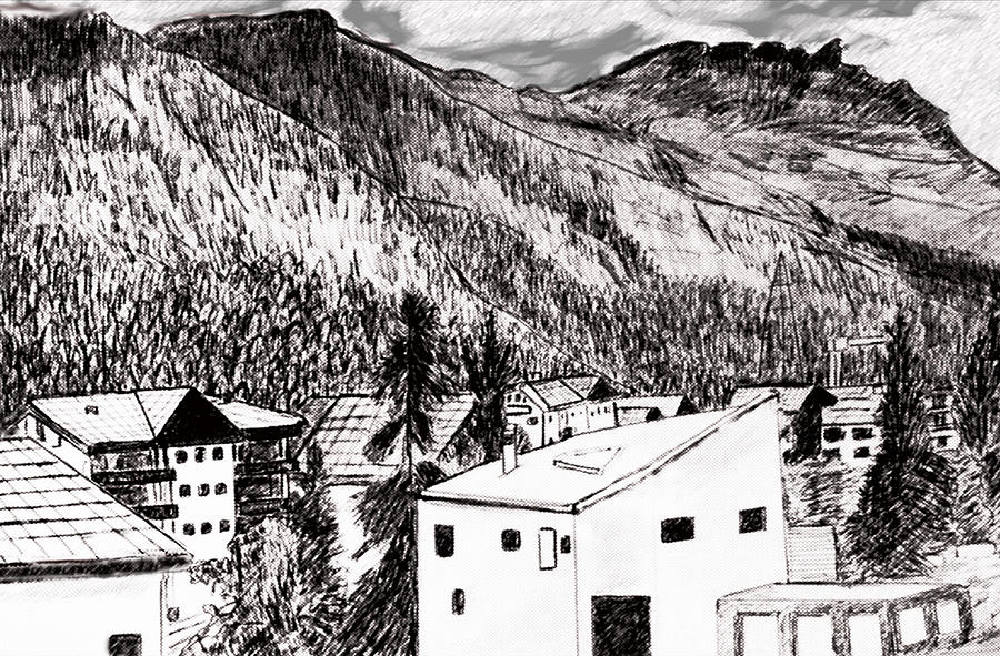 Mountain Drawing - Pontresina Black and White by Monica Engeler