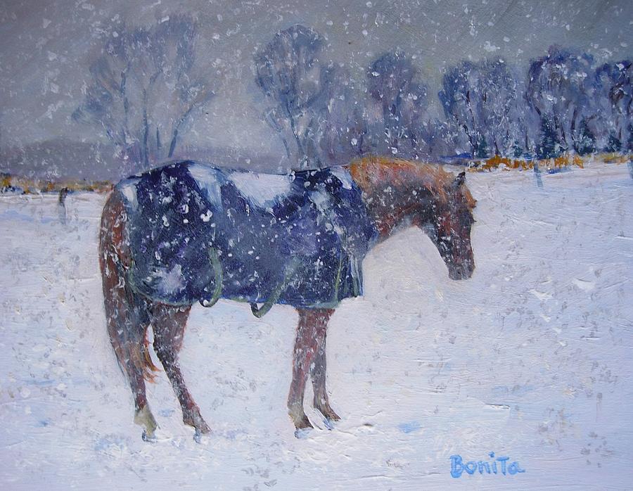 Pony in the Snow Painting by Bonita Waitl