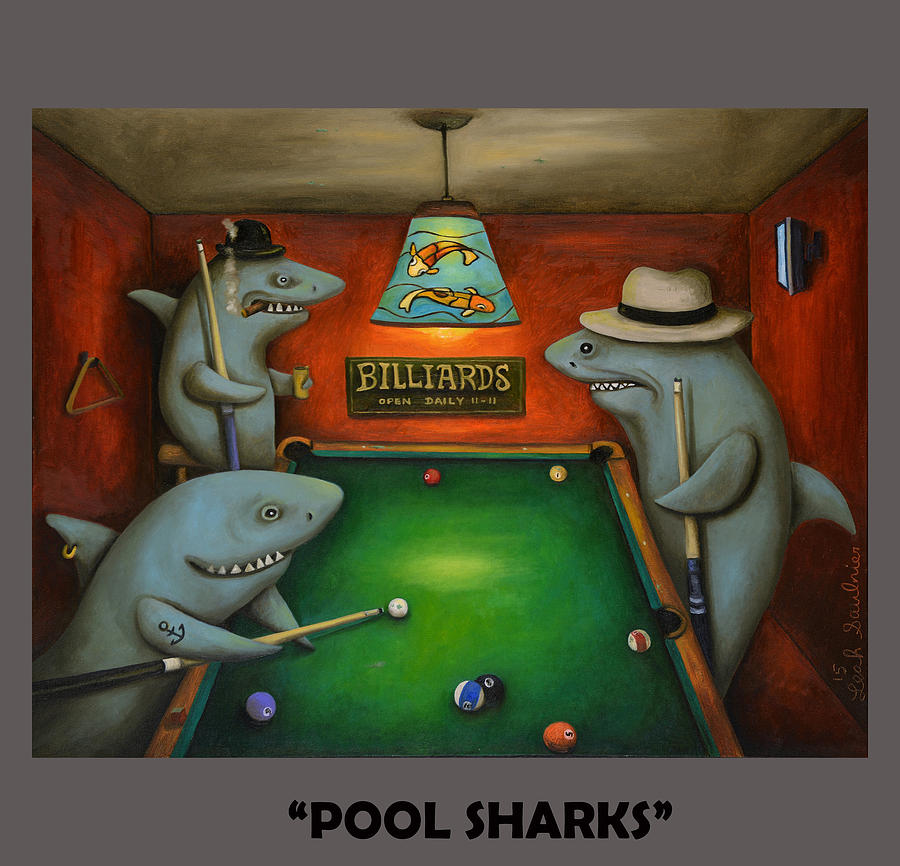 Sharks Painting - Pool Sharks with Lettering by Leah Saulnier The Painting Maniac