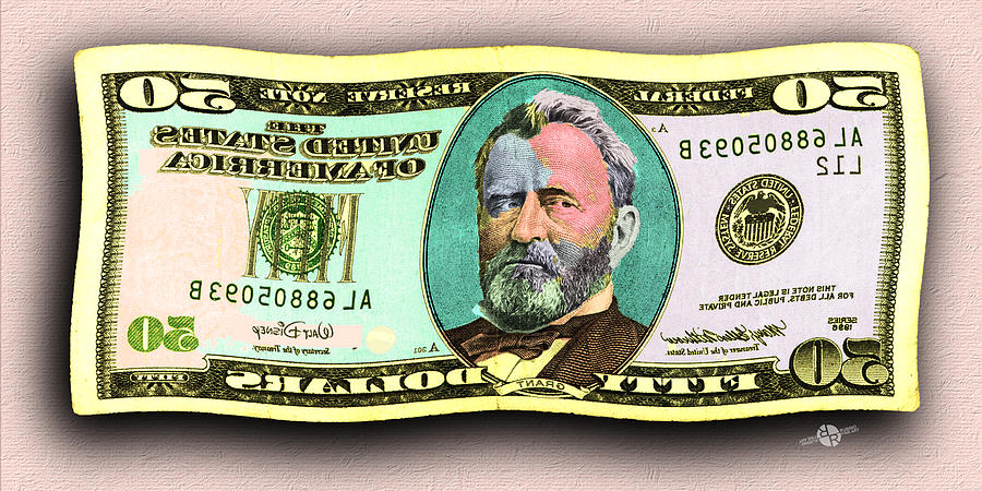 50 Dollar Bill In The Wind Gold Green Mirror Image Pop Art  Painting by Tony Rubino