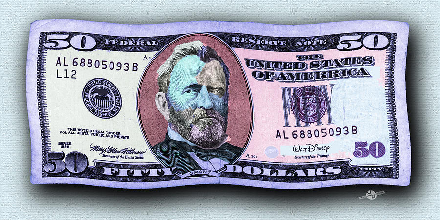 Pop 50 Dollar Bill In The Wind Purple Blue Photograph