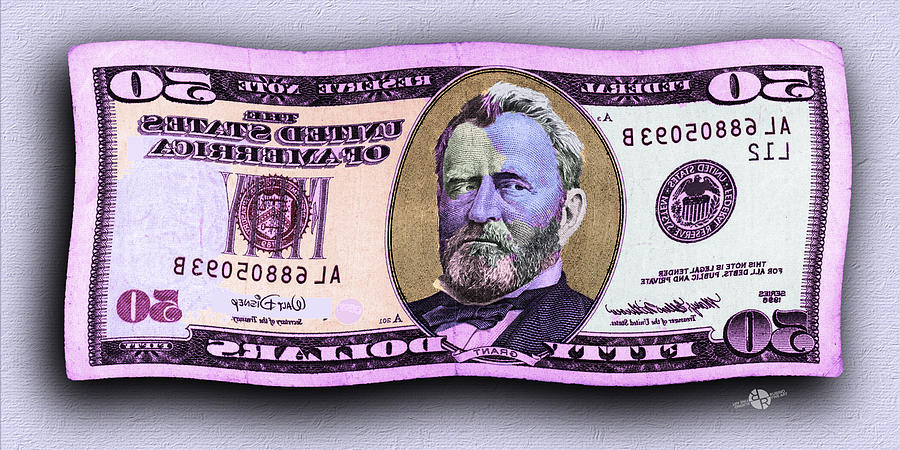 50 Dollar Bill In The Wind Purple Pink Mirror Image Pop Art  Painting by Tony Rubino
