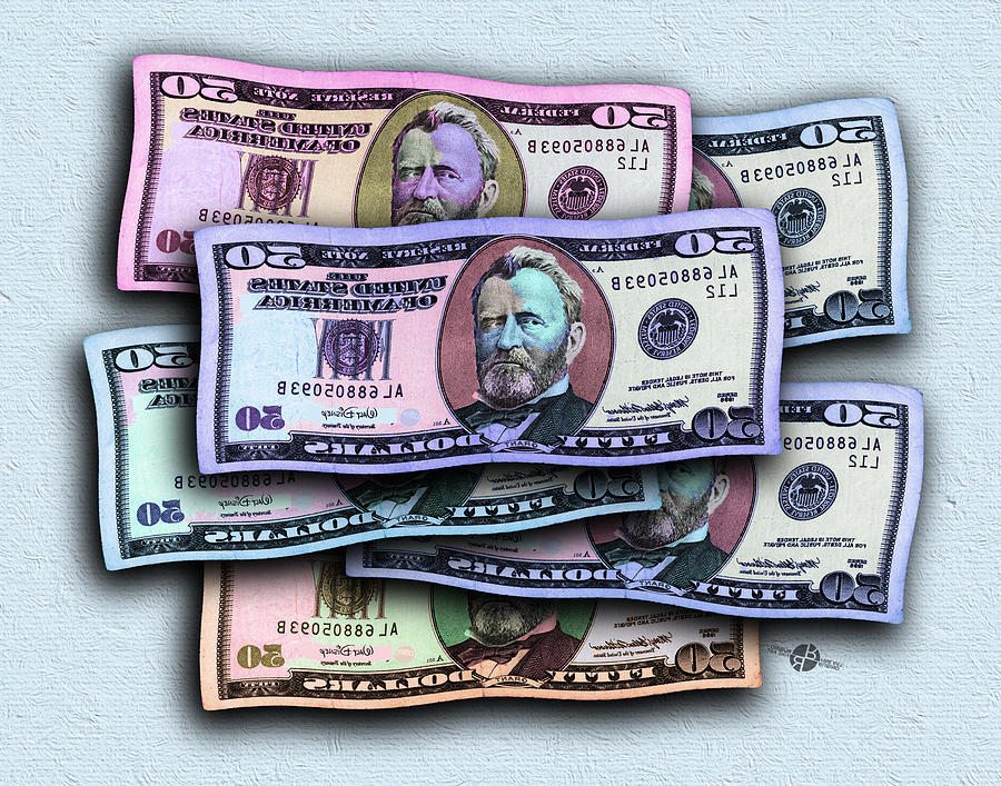 Ulysses Grant Painting - 50 Dollar Bills In The Wind All Colors In Spectrum Mirror Image 2 Pop Art  by Tony Rubino