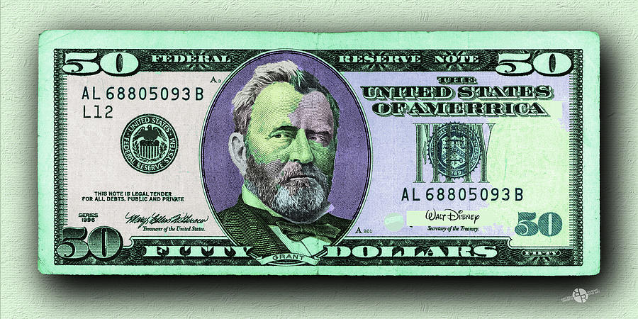 Abstract Painting - Crisp New 50 Dollar Bill Purple Green Pop Art  by Tony Rubino