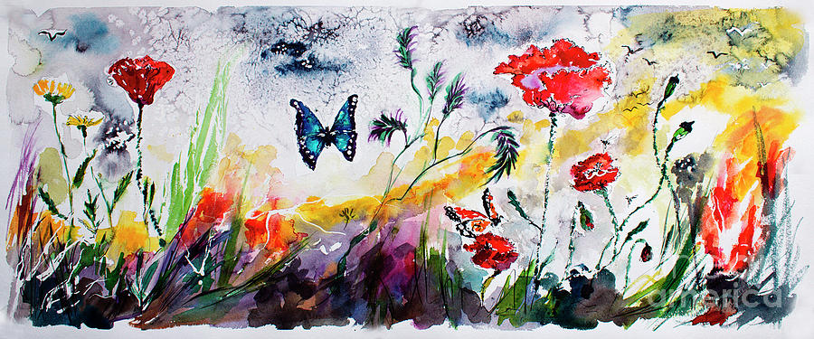 Poppies and Butterflies Whimsical French Garden Painting by Ginette Callaway