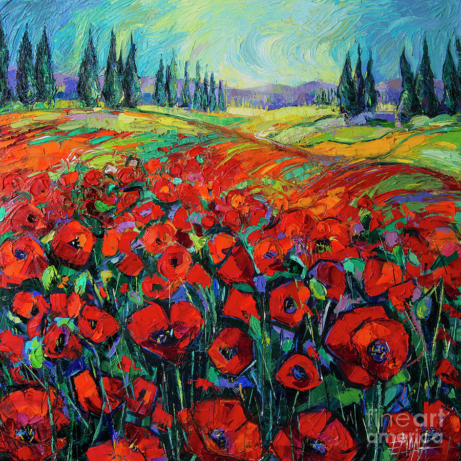 POPPIES AND CYPRESSES - modern impressionist palette knives oil painting Painting by Mona Edulesco