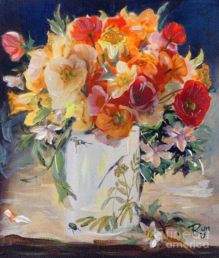 Poppies, clematis, and daffodils in porcelain vase. Painting by Ryn Shell