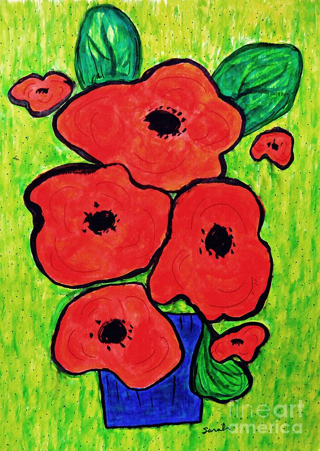 Poppies In A Blue Vase Drawing