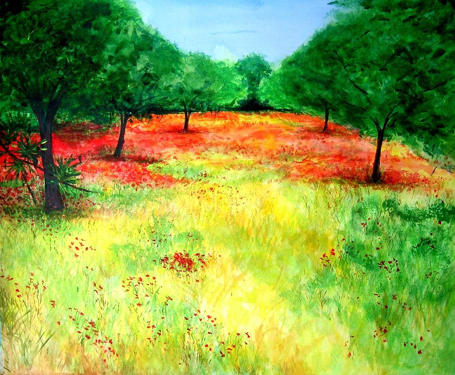 Poppies in the Almond Grove Painting by Lizzy Forrester
