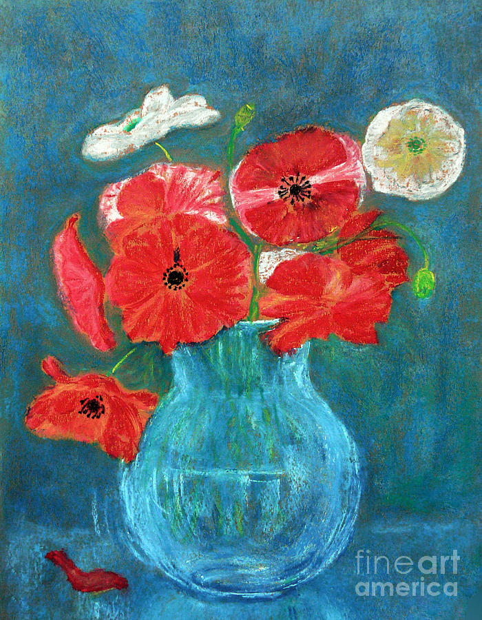 Poppies In Turquoise Painting by Jasna Dragun