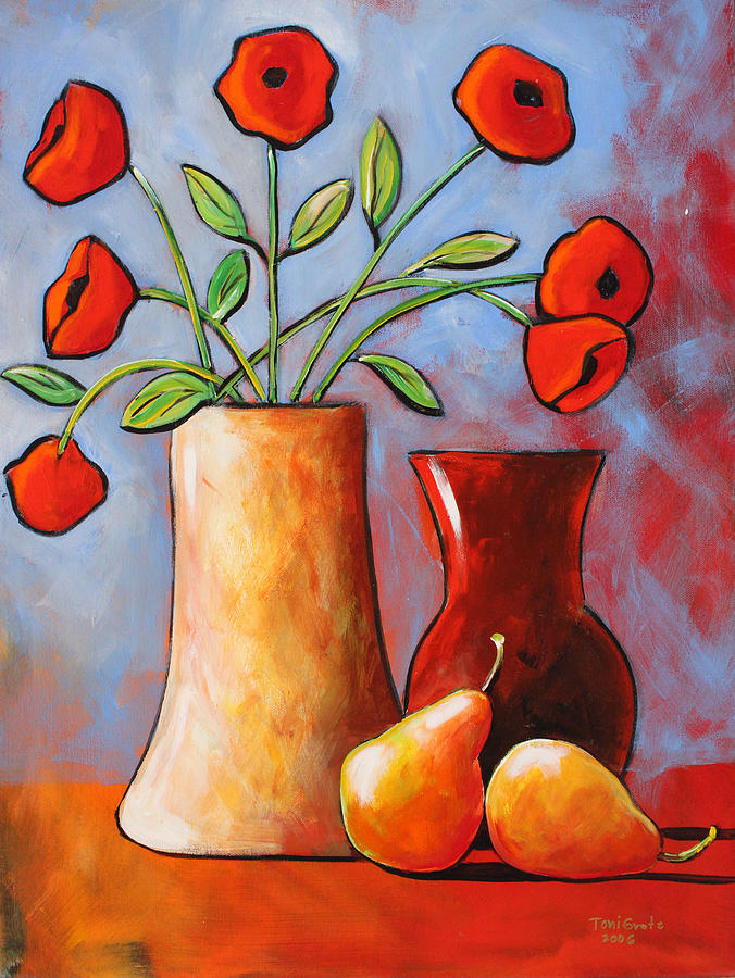 Abstract Painting - Abstract Poppies N Pears Still Life by Toni Grote